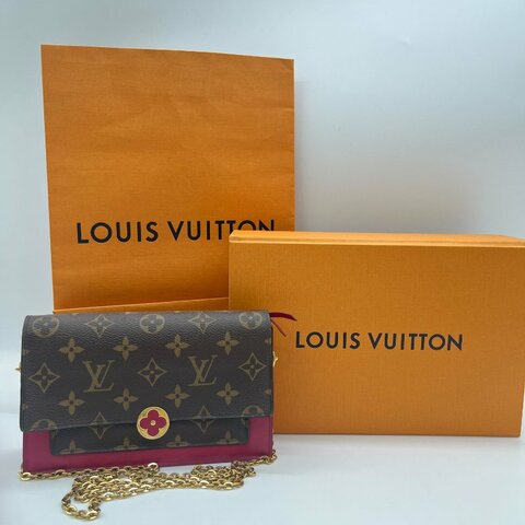 Louis Vuitton 路易威登  Flore 桃紅 金扣 老花 帆布鏈條 肩背包