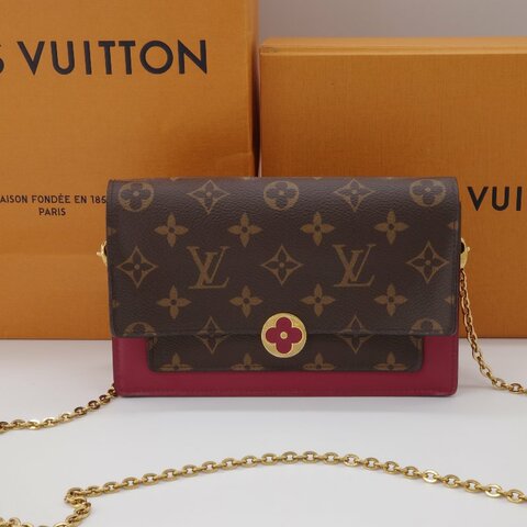 Louis Vuitton 路易威登  Portefeuille Flore 酒紅色 棕色花紋 金扣 老花 帆布 金色鏈條 肩背包 多卡位