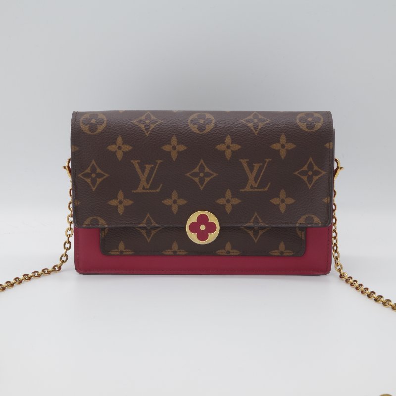 Louis Vuitton 路易威登 Portefeuille Flore 酒紅色 棕色花紋 金扣 老花 帆布 金色鏈條 肩背包 多卡位-1
