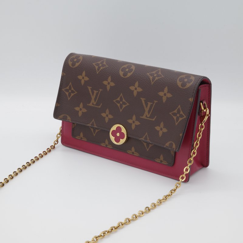 Louis Vuitton 路易威登 Portefeuille Flore 酒紅色 棕色花紋 金扣 老花 帆布 金色鏈條 肩背包 多卡位-2