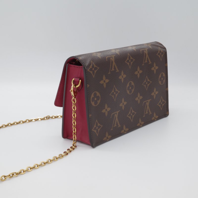 Louis Vuitton 路易威登 Portefeuille Flore 酒紅色 棕色花紋 金扣 老花 帆布 金色鏈條 肩背包 多卡位-3