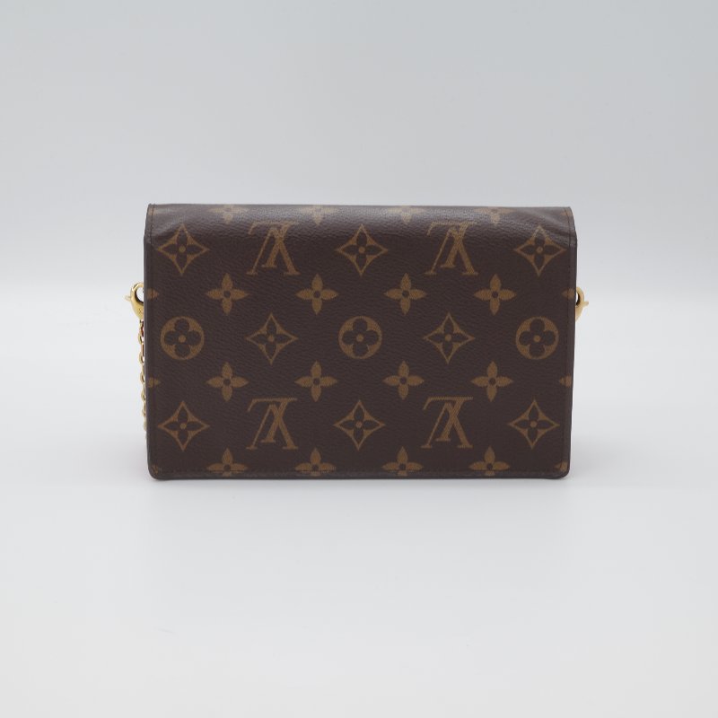 Louis Vuitton 路易威登 Portefeuille Flore 酒紅色 棕色花紋 金扣 老花 帆布 金色鏈條 肩背包 多卡位-4