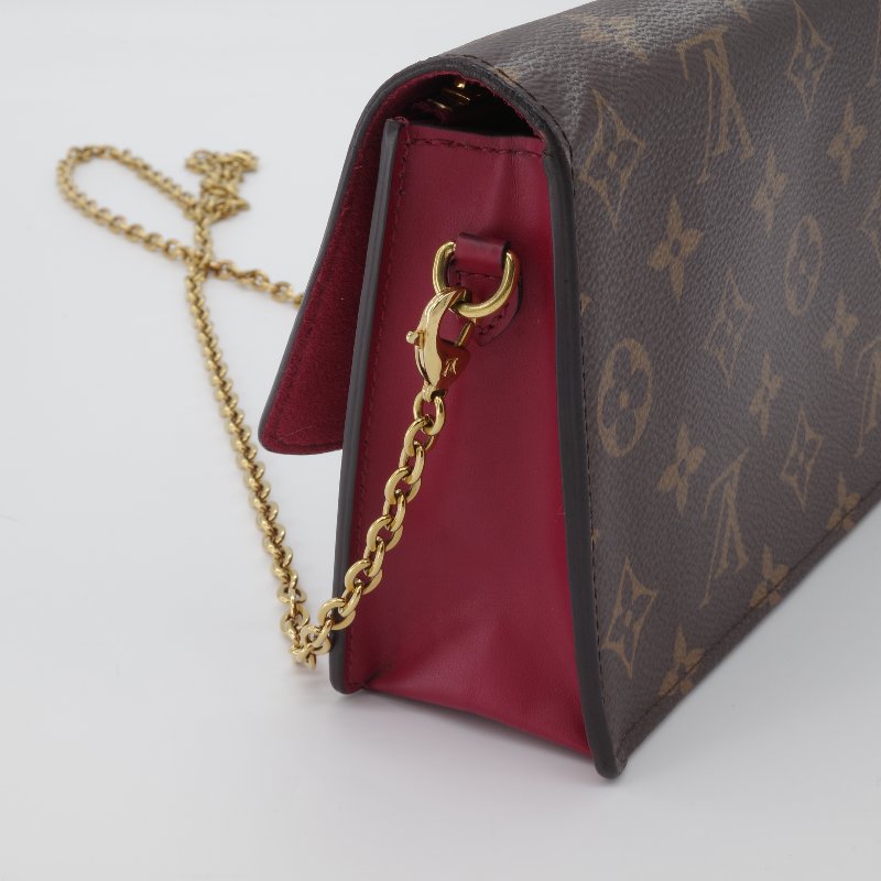 Louis Vuitton 路易威登 Portefeuille Flore 酒紅色 棕色花紋 金扣 老花 帆布 金色鏈條 肩背包 多卡位-6