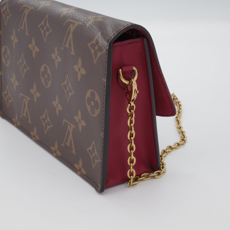 Louis Vuitton 路易威登 Portefeuille Flore 酒紅色 棕色花紋 金扣 老花 帆布 金色鏈條 肩背包 多卡位-7