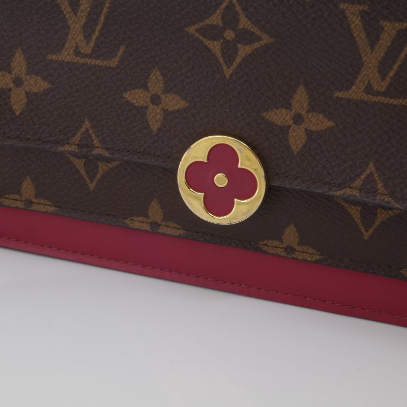 Louis Vuitton 路易威登 Portefeuille Flore 酒紅色 棕色花紋 金扣 老花 帆布 金色鏈條 肩背包 多卡位-8