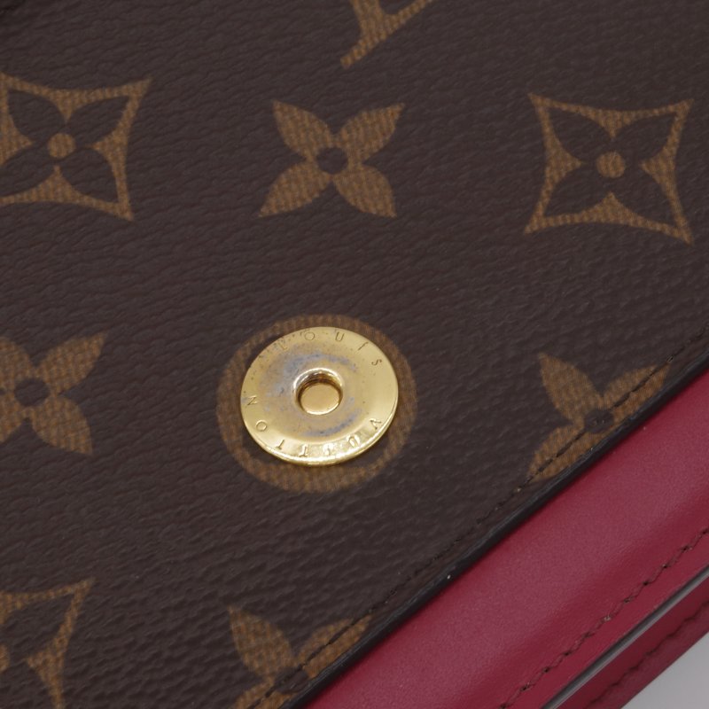 Louis Vuitton 路易威登 Portefeuille Flore 酒紅色 棕色花紋 金扣 老花 帆布 金色鏈條 肩背包 多卡位-10