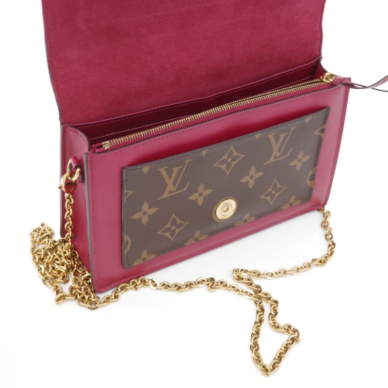 Louis Vuitton 路易威登 Portefeuille Flore 酒紅色 棕色花紋 金扣 老花 帆布 金色鏈條 肩背包 多卡位-13