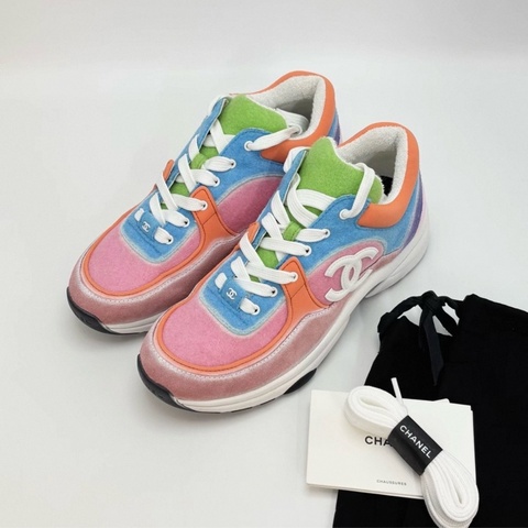 CHANEL馬卡龍色系拼皮運動鞋38.5碼 全新閒置配件塵袋 替換鞋帶