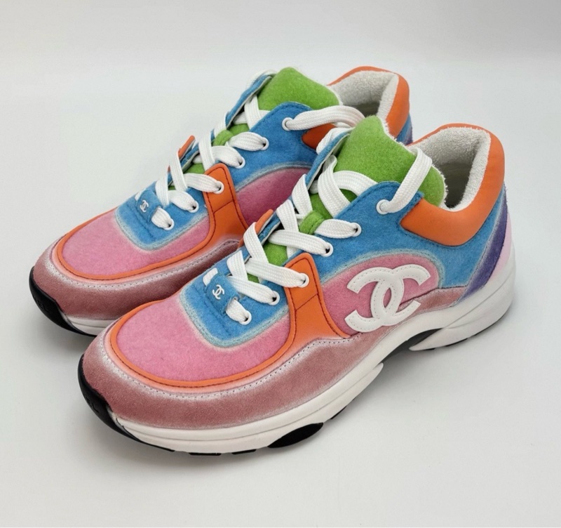 CHANEL馬卡龍色系拼皮運動鞋38.5碼 全新閒置配件塵袋 替換鞋帶-3