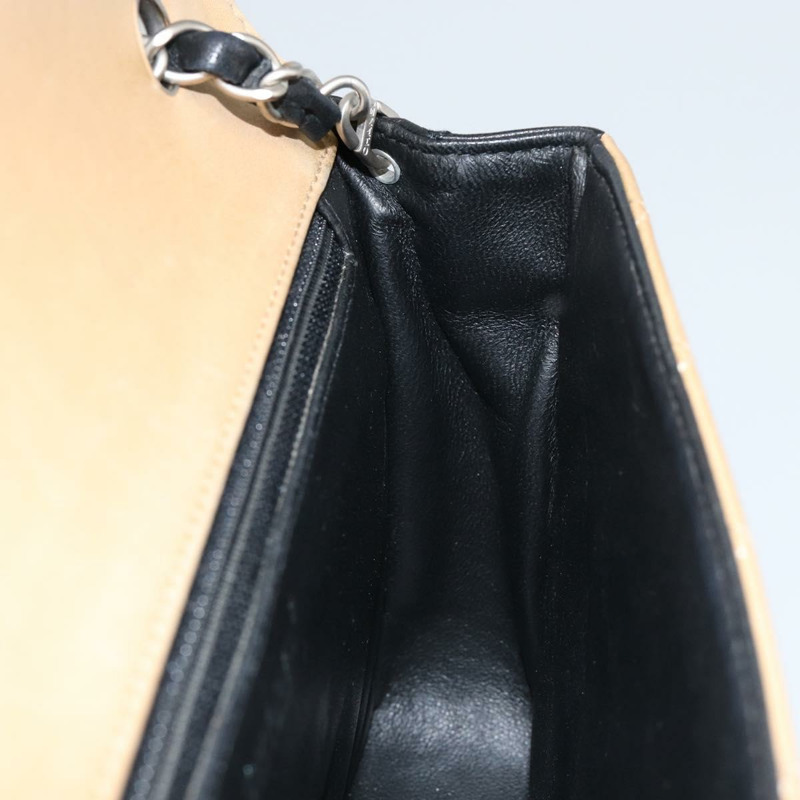 【日本直送】香奈兒 (CHANEL) 絎縫鏈條單肩包 羊皮 米色 黑色 CC 標誌 BA8256-19