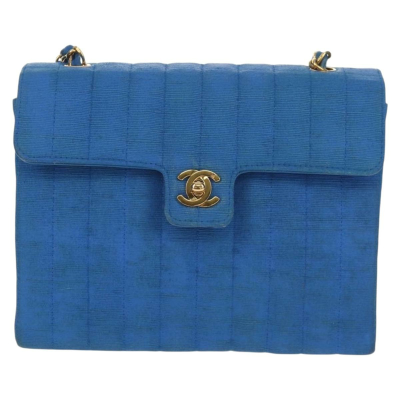 【日本直送】香奈兒 Mademoiselle 鏈條肩背包 帆布 藍色 金色 CC 標誌 正品 154058SAV-12