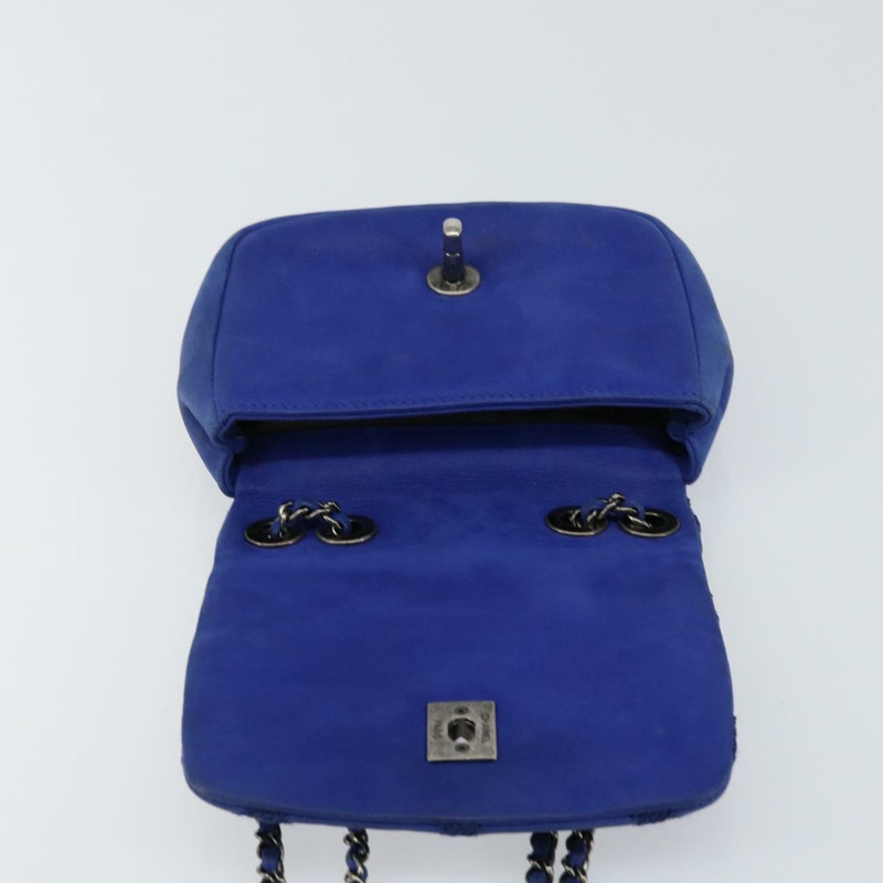 【日本直送】香奈兒鏈絎縫單肩包 羊皮 藍色 銀色 CC Auth bs31400-8