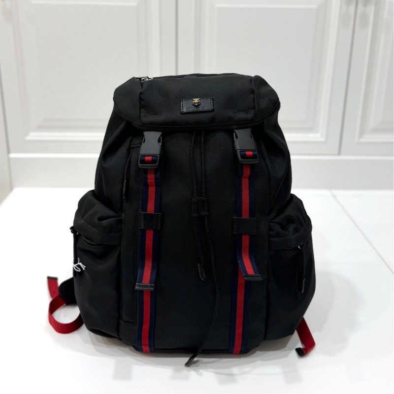 gucci 古馳 黑色 尼龍 帆布 虎頭 條紋 後背包 雙肩包 肩背包-0