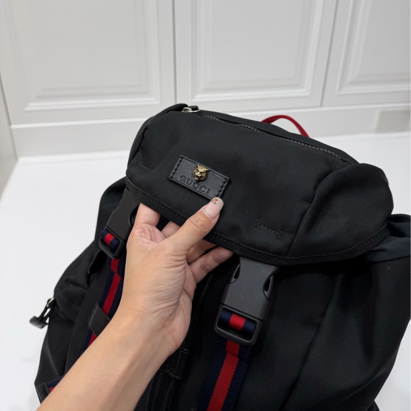 gucci 古馳 黑色 尼龍 帆布 虎頭 條紋 後背包 雙肩包 肩背包-6
