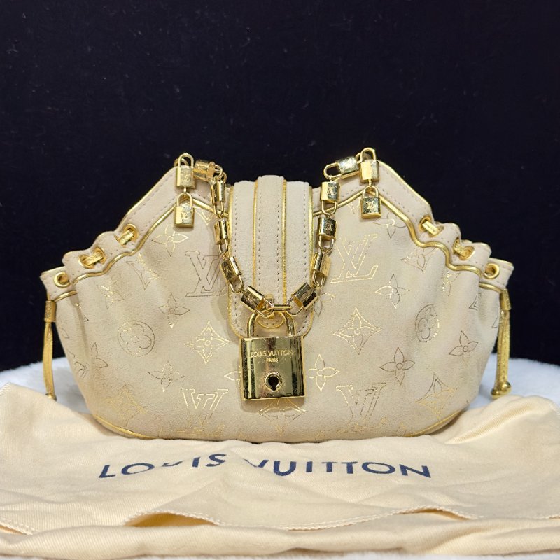 LOUIS VUITTON Theda PM 麂皮金邊餃子包-13