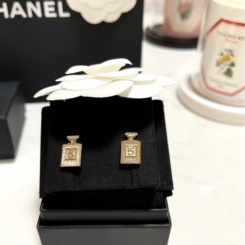 Chanel No.5號限量絕版香水瓶 logo淡金釦耳針 耳環-0