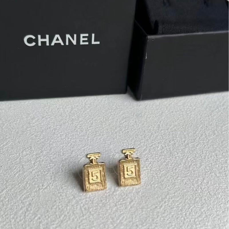 Chanel No.5號限量絕版香水瓶 logo淡金釦耳針 耳環-1