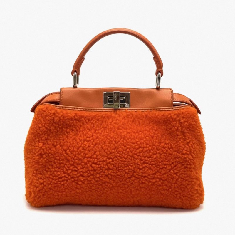 FENDI 橙色銀扣限量款羊羔毛小號peekaboo手提肩背斜背包 25*18*12 98新配件塵袋-2