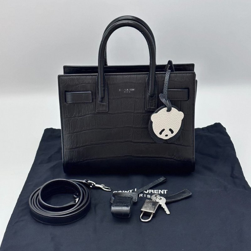 YSL 黑色鰐魚壓紋手提風琴包 22*18*10.5 98新配件:塵袋 鎖鑰匙-0
