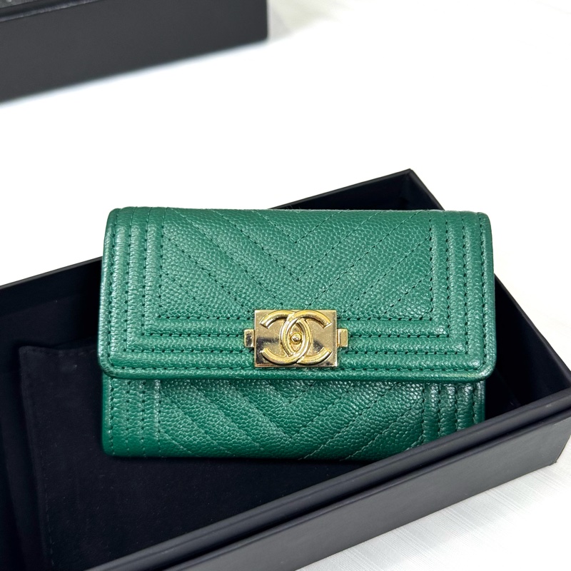 Chanel 香奈兒Leboy 荔枝牛皮綠金卡包-0