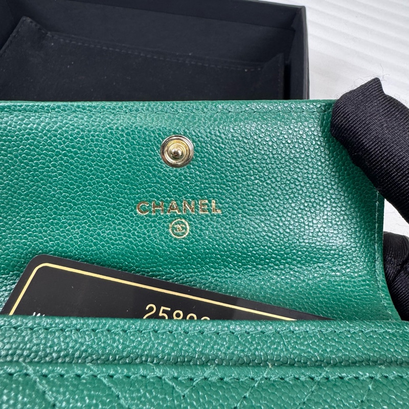 Chanel 香奈兒Leboy 荔枝牛皮綠金卡包-3