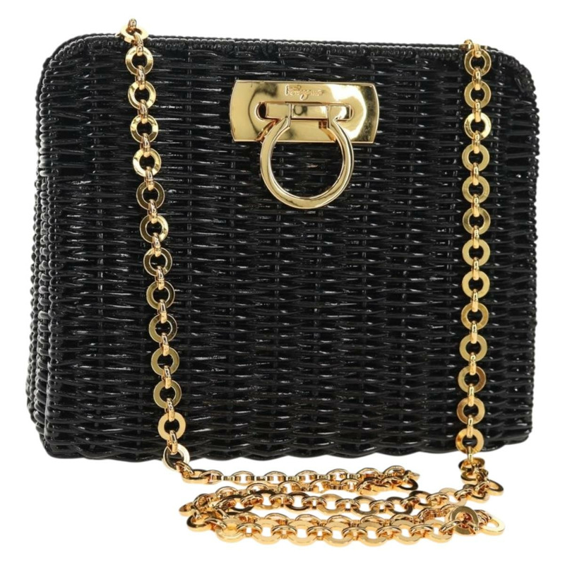 【日本直送】Salvatore Ferragamo Chain Gancini 單肩包，藤編黑金色，正品 154910V-0