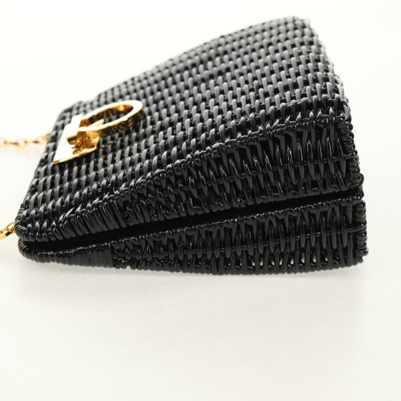 【日本直送】Salvatore Ferragamo Chain Gancini 單肩包，藤編黑金色，正品 154910V-2