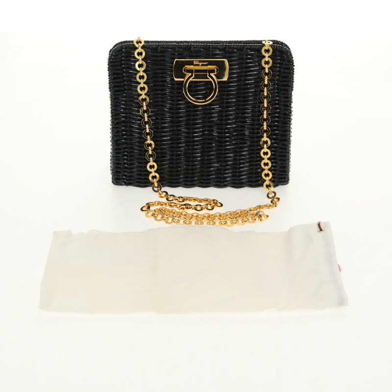 【日本直送】Salvatore Ferragamo Chain Gancini 單肩包，藤編黑金色，正品 154910V-11