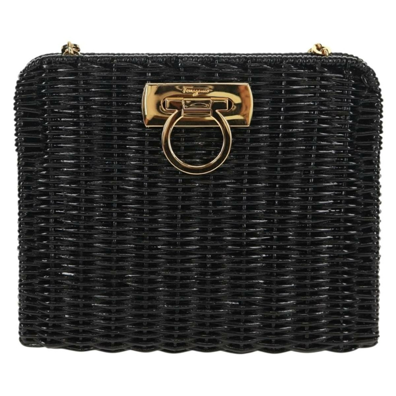 【日本直送】Salvatore Ferragamo Chain Gancini 單肩包，藤編黑金色，正品 154910V-12