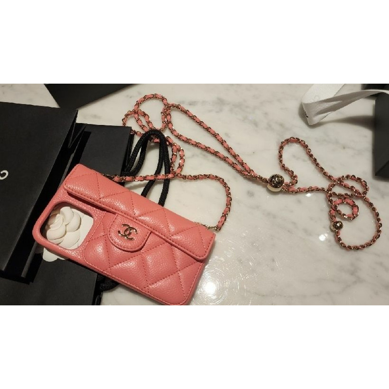CHANEL 適用於 iPhone 12 Pro 13 Pro 的金球 iPhone 手機殼，魚子醬色-2