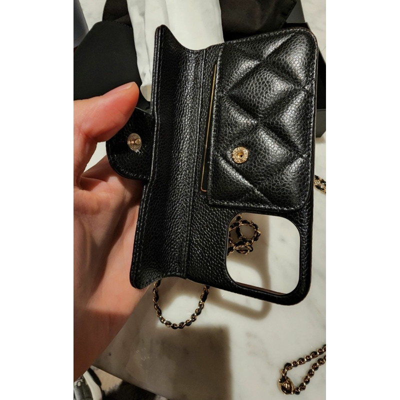 CHANEL 適用於 iPhone 12 Pro 13 Pro 的金球 iPhone 手機殼，魚子醬色-9