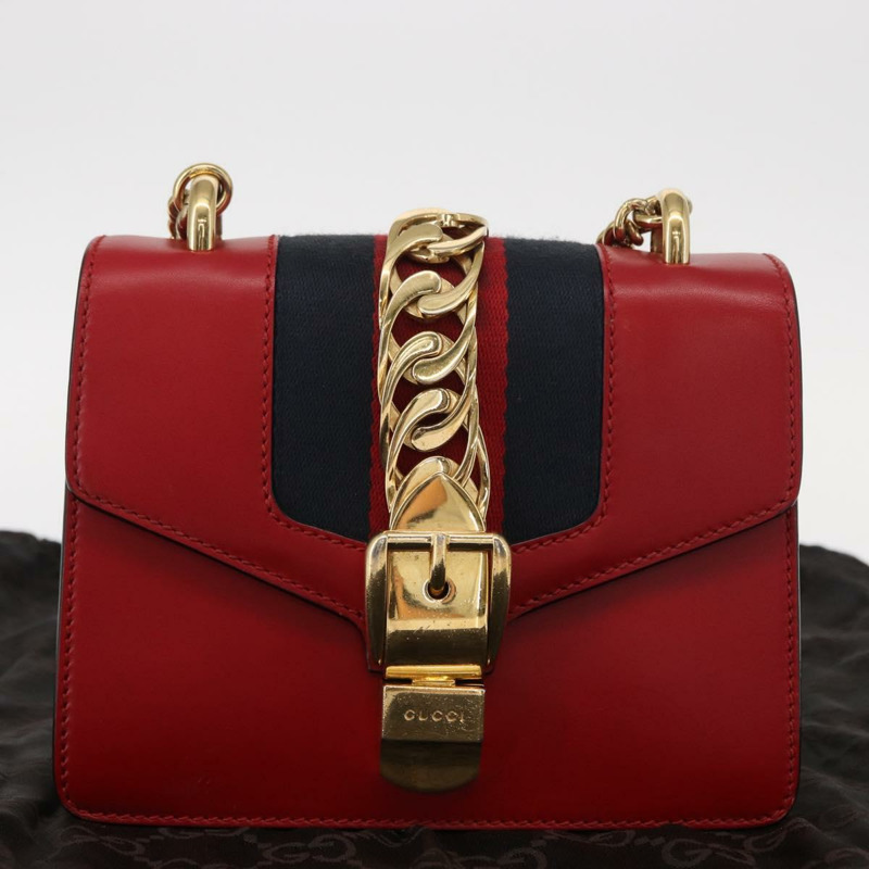 【日本直送】GUCCI Sylvie Sherry Line 鏈條單肩包 皮革 紅色 金色 431666 正品 ar13813-11