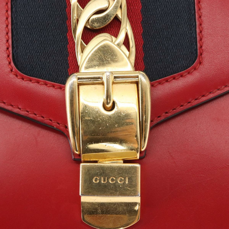 【日本直送】GUCCI Sylvie Sherry Line 鏈條單肩包 皮革 紅色 金色 431666 正品 ar13813-18