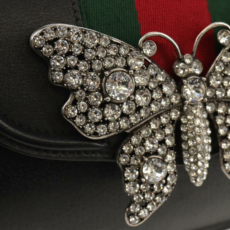 【日本直送】GUCCI 圖騰蝴蝶織紋雪莉線手提包,黑色皮革,貨號 505387,正品編號 153330SAM-20