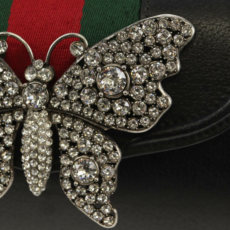 【日本直送】GUCCI 圖騰蝴蝶織紋雪莉線手提包,黑色皮革,貨號 505387,正品編號 153330SAM-21