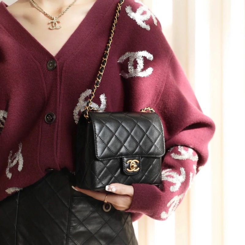 Chanel 香奈兒 22K復古方胖 菱格紋口蓋包  黑色金鏈-1