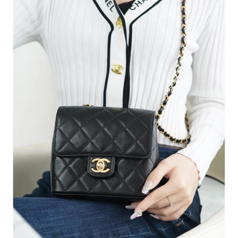 Chanel 香奈兒 22K復古方胖 菱格紋口蓋包  黑色金鏈-2