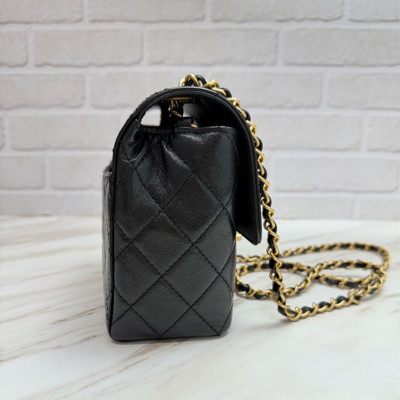 Chanel 香奈兒 22K復古方胖 菱格紋口蓋包  黑色金鏈-6