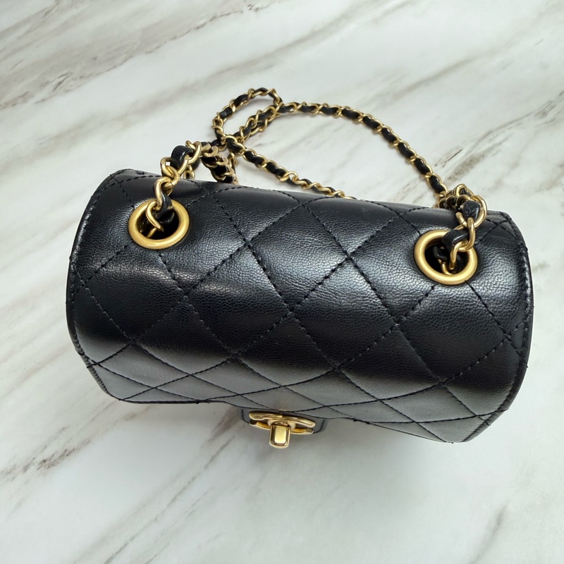 Chanel 香奈兒 22K復古方胖 菱格紋口蓋包  黑色金鏈-13