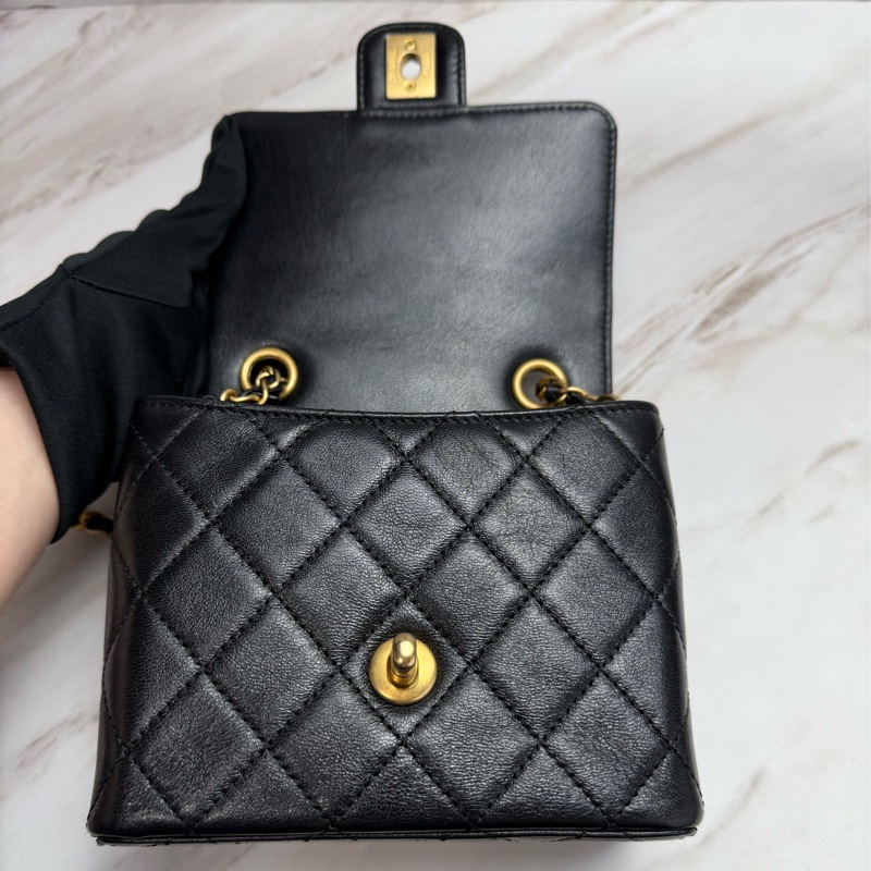 Chanel 香奈兒 22K復古方胖 菱格紋口蓋包  黑色金鏈-15