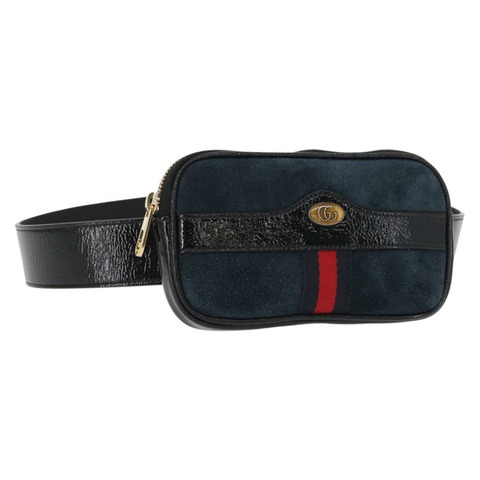 GUCCI Sherry Line 腰包 麂皮琺瑯海軍藍金色 519308 Auth mr1606