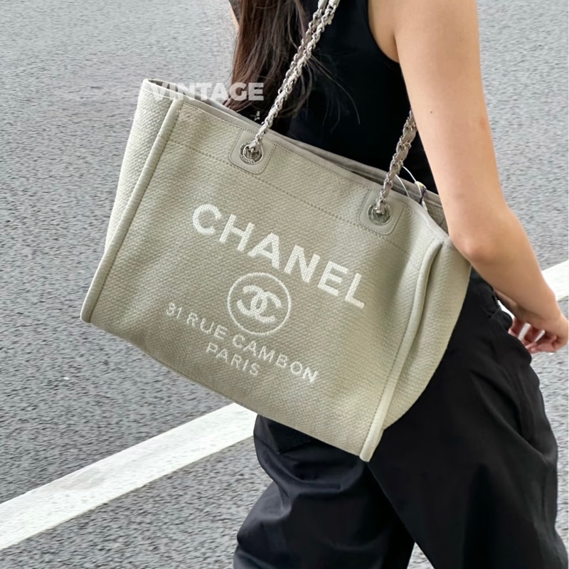 🥨極美色調香奈兒沙灘包🕯️CHANEL牛仔灰帆布銀鏈小號沙灘包A67001-0