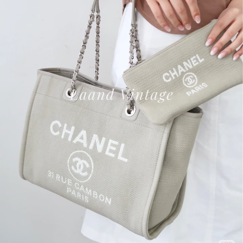 🥨極美色調香奈兒沙灘包🕯️CHANEL牛仔灰帆布銀鏈小號沙灘包A67001-1