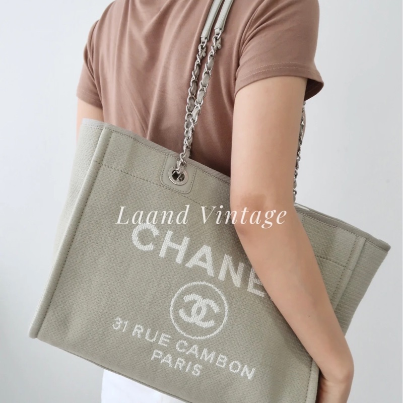 🥨極美色調香奈兒沙灘包🕯️CHANEL牛仔灰帆布銀鏈小號沙灘包A67001-2