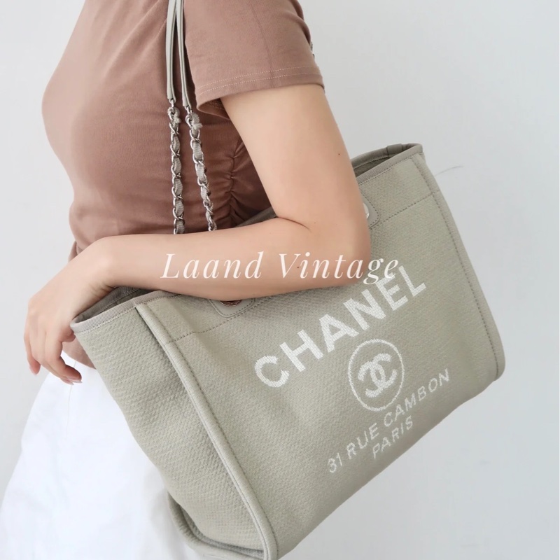 🥨極美色調香奈兒沙灘包🕯️CHANEL牛仔灰帆布銀鏈小號沙灘包A67001-3