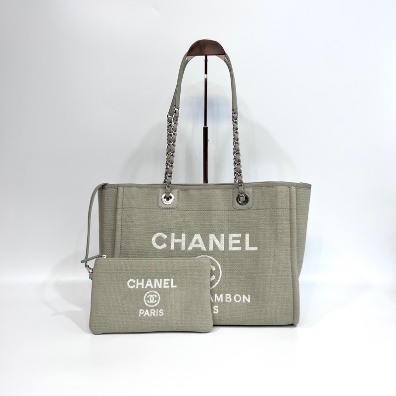 🥨極美色調香奈兒沙灘包🕯️CHANEL牛仔灰帆布銀鏈小號沙灘包A67001-4