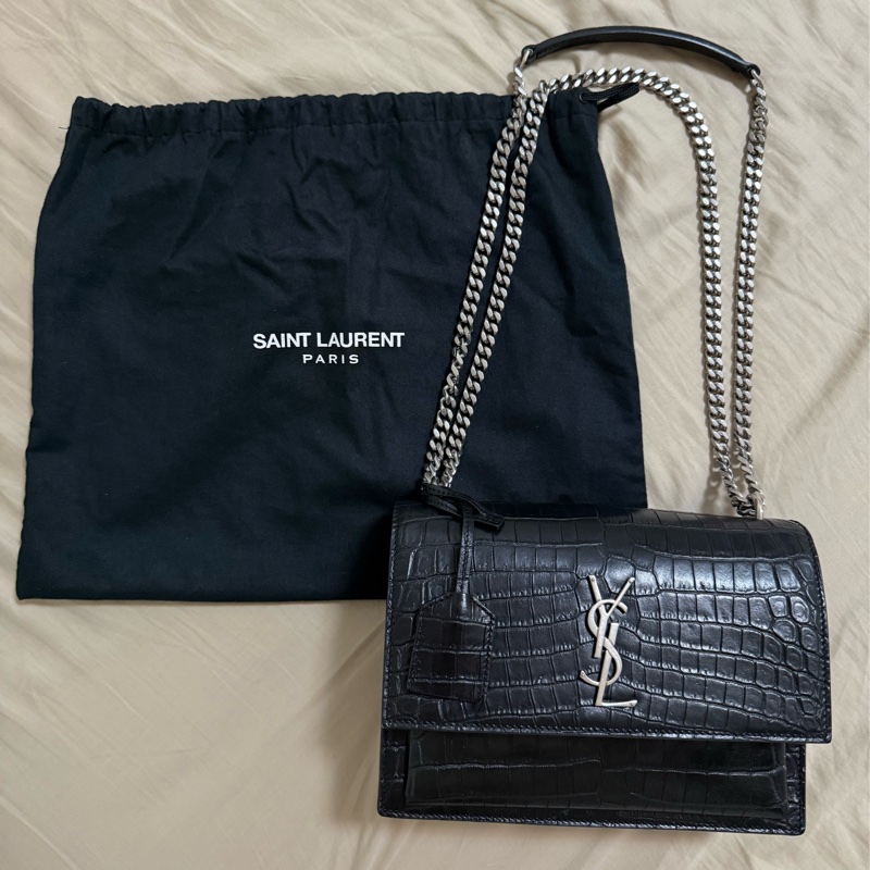 SUNSET 日落包 中號 22 鱷魚壓紋 黑色 銀釦-0