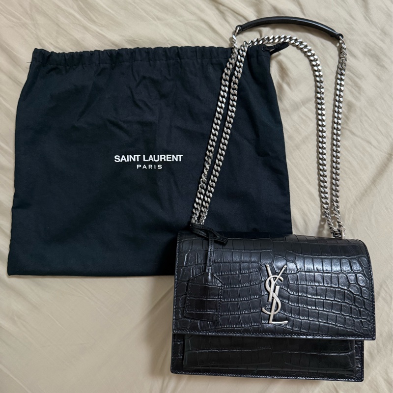 SUNSET 日落包 中號 22 鱷魚壓紋 黑色 銀釦-15