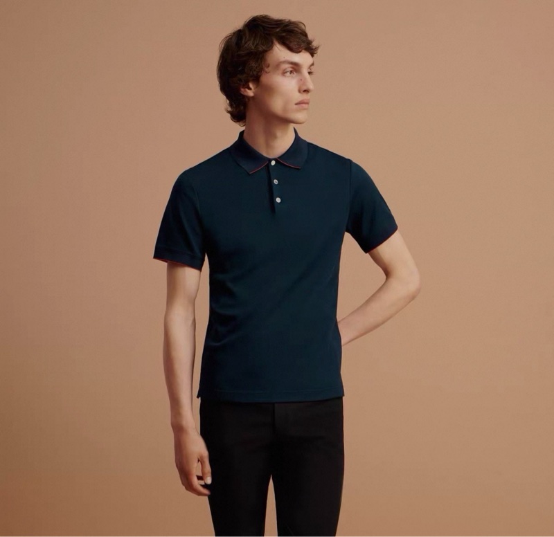 99新hermes愛馬仕double jeu polo短袖藏藍色男士polo衫，碼數:L-5