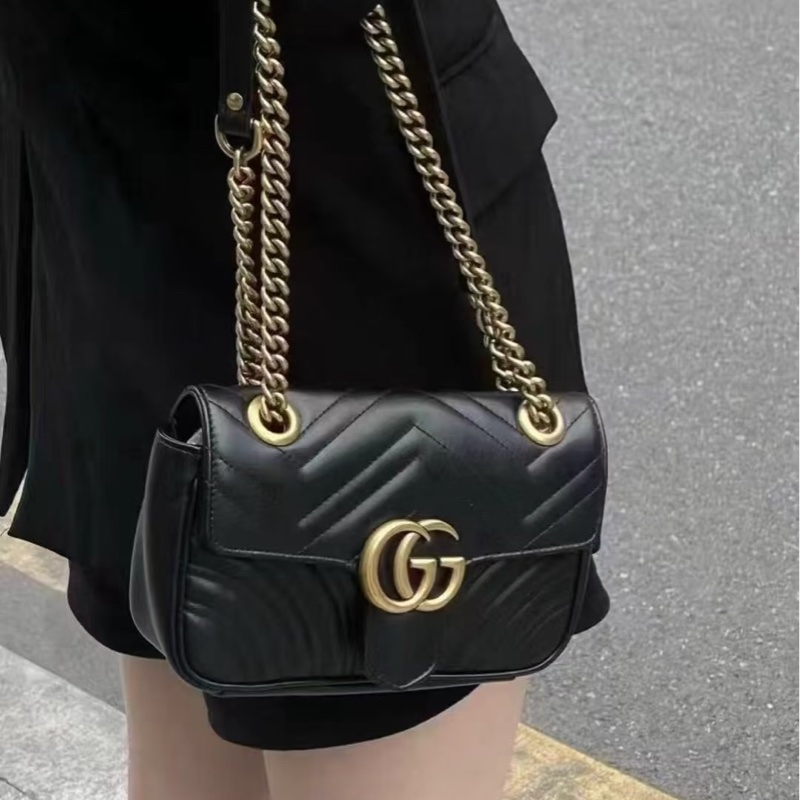 二手GUCCI 黑色GG Marmont 馬夢古銅金鍊雙G翻蓋2用包(小號26cm)443497-10